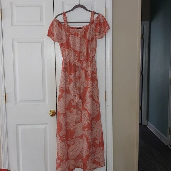 AS U Wish coral off the shoulder romper paisley maxi dress Sz L - Picture 1 of 7